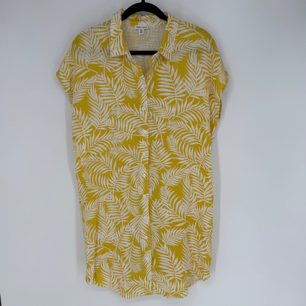 TRIBAL JEANS PALM LEAF PRINT SHIRT DRESS YELLOW SMALL LINEN BLEND COASTAL BEACH